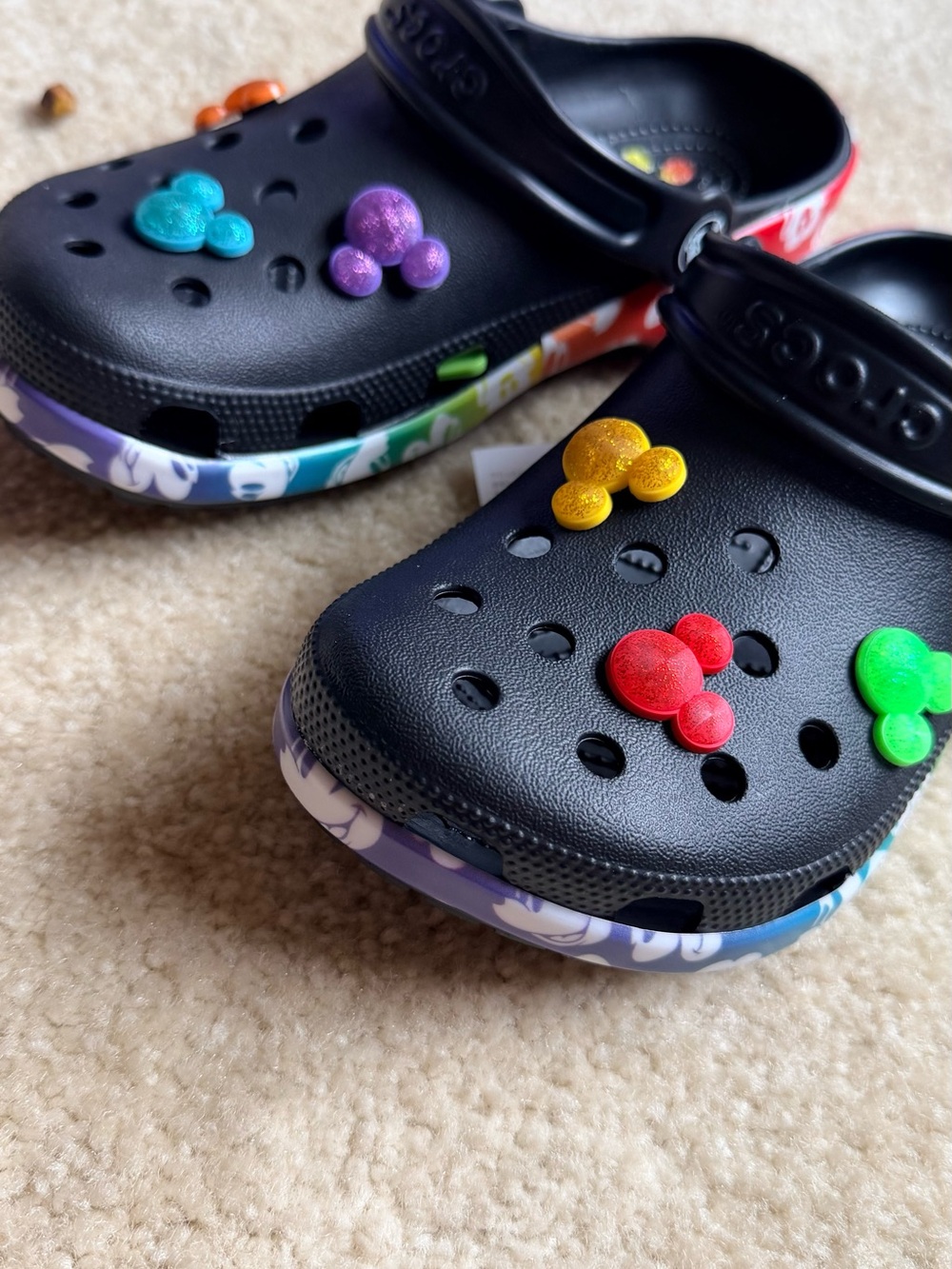 CROCS Black Clog Sandals with Multicolor Charm Accents